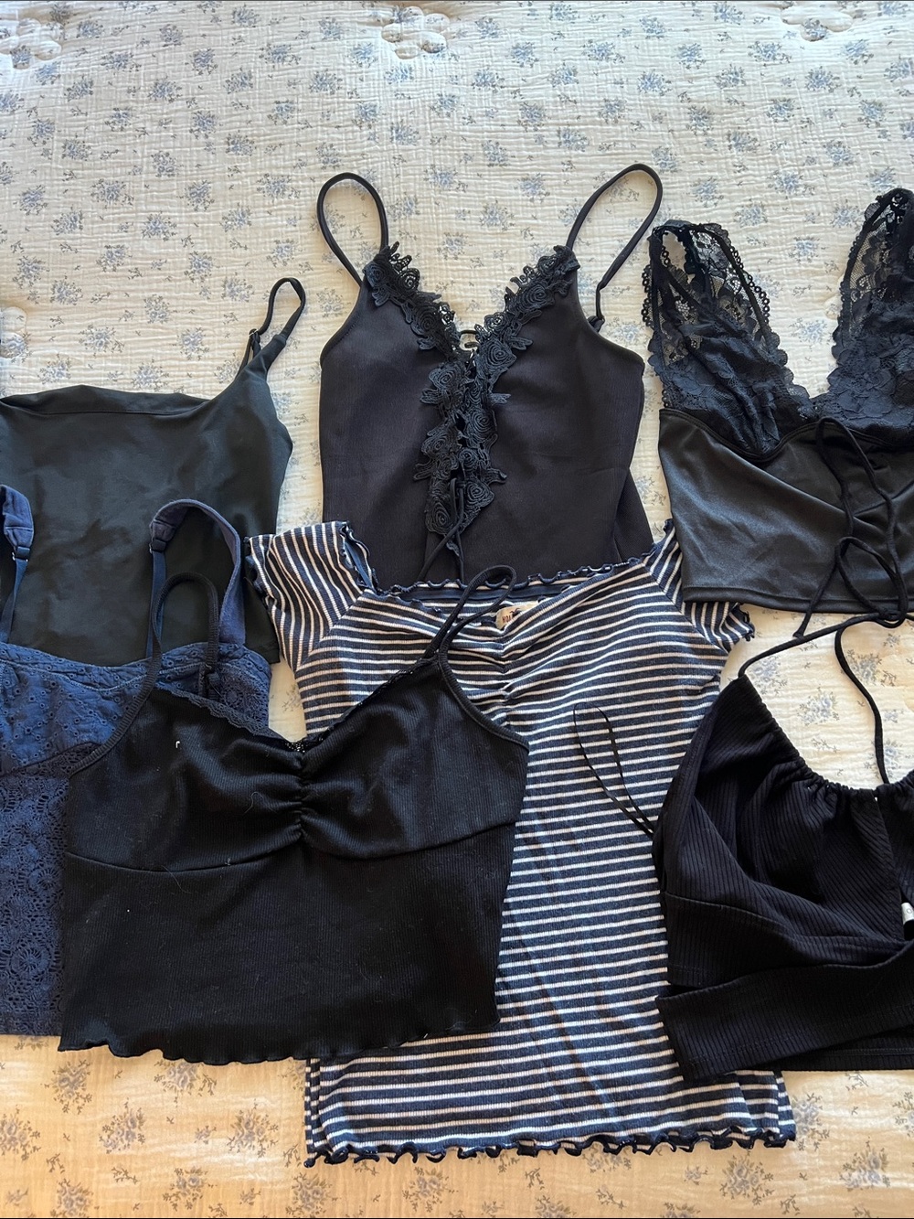 Mixed Black & Navy Crop Tops and Striped Tee Set